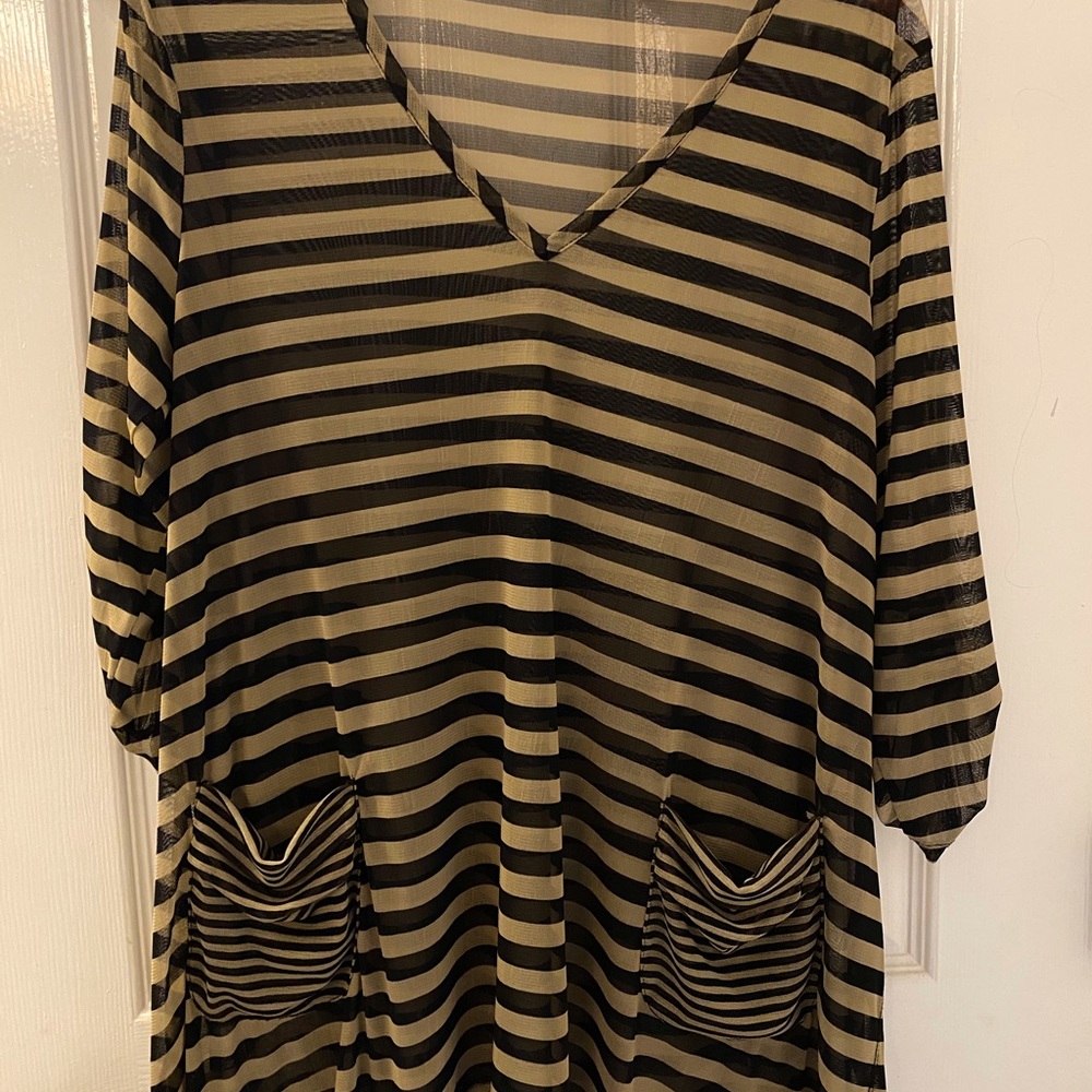 Black and Tan Striped Sheer Tunic, Size Small